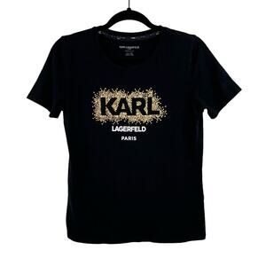 Karl Lagerfeld Paris Black Gold Graphic Logo Short Sleeve T-Shirt Oversized XS